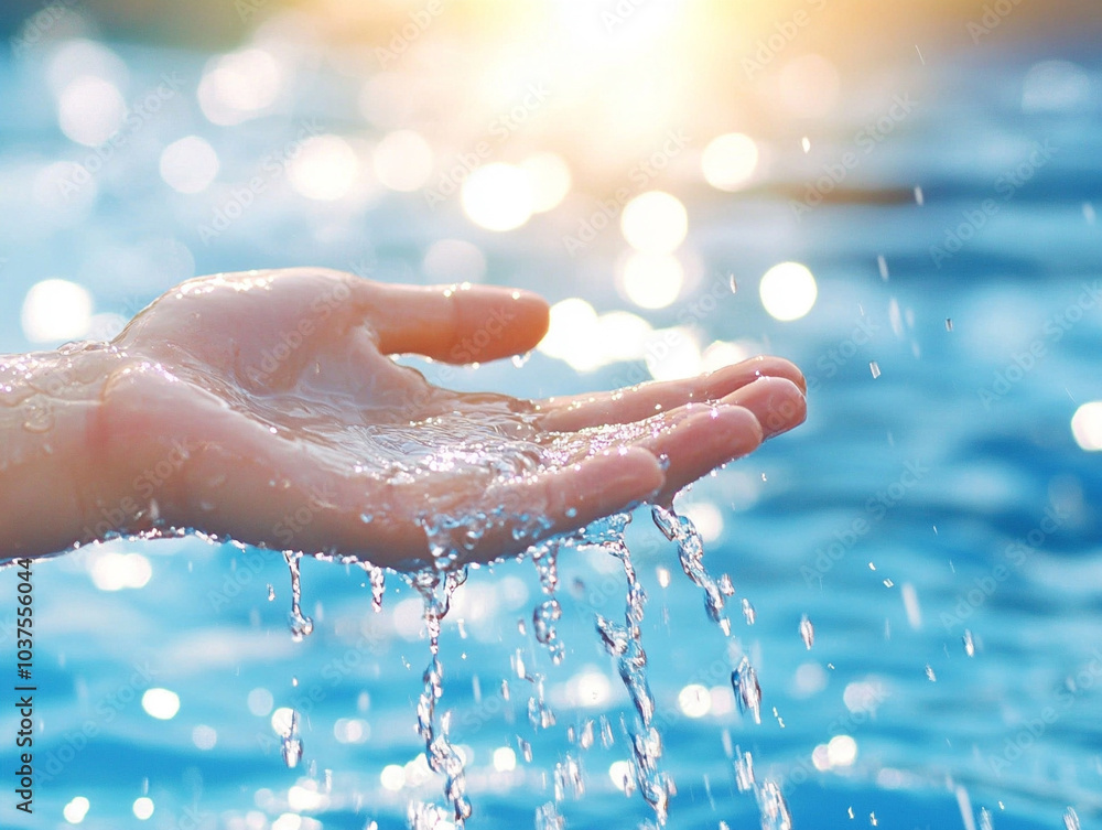 Fototapeta premium Water pouring on hand in morning ligth background