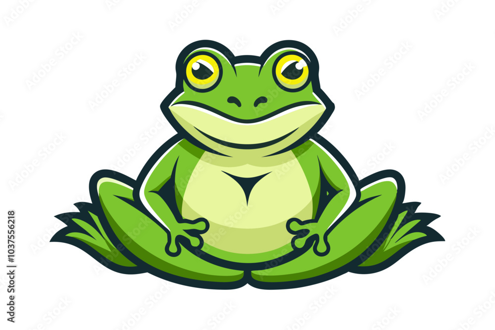 A cute green cartoon frog, an isolated amphibian vector illustration, sits happily A cute green cartoon frog, an isolated amphibian vector illustration, sits happily