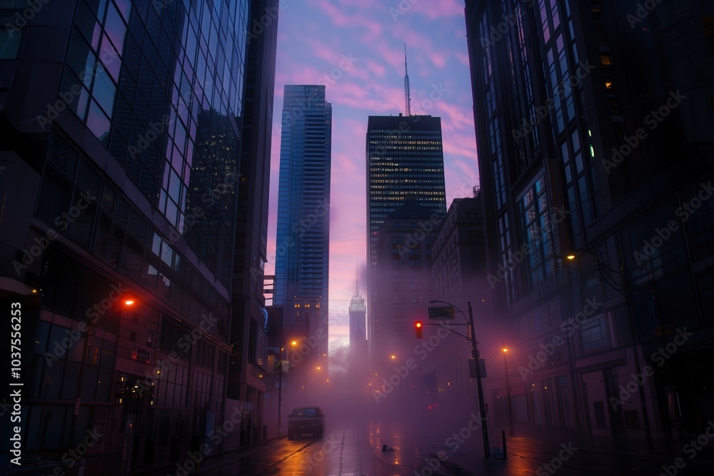 Misty urban street at dawn with skyscrapers, glowing lights, and a serene pink and purple sky blending with the cityscape Misty urban street at dawn with skyscrapers, glowing lights, and a serene pink and purple sky blending with the cityscape