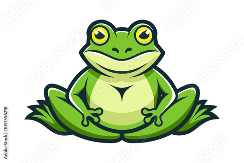 A cute green cartoon frog, an isolated amphibian vector illustration, sits happily