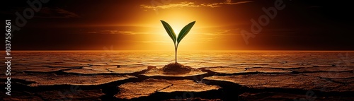 A lone green sprout rising from cracked earth against a dramatic sunset, symbolizing hope and resilience.