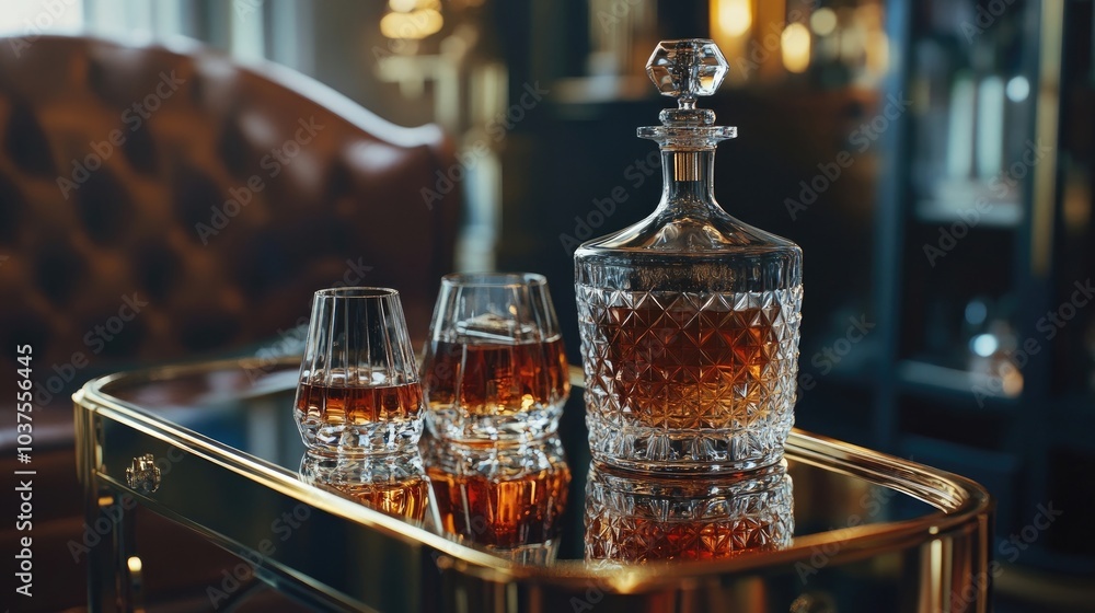 A stunning whiskey decanter set displayed on a polished bar cart, creating a luxurious Father's Day gift scene A stunning whiskey decanter set displayed on a polished bar cart, creating a luxurious Father's Day gift scene