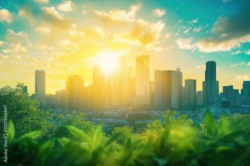 A city skyline with a bright sun shining on it. The sun is casting a ...