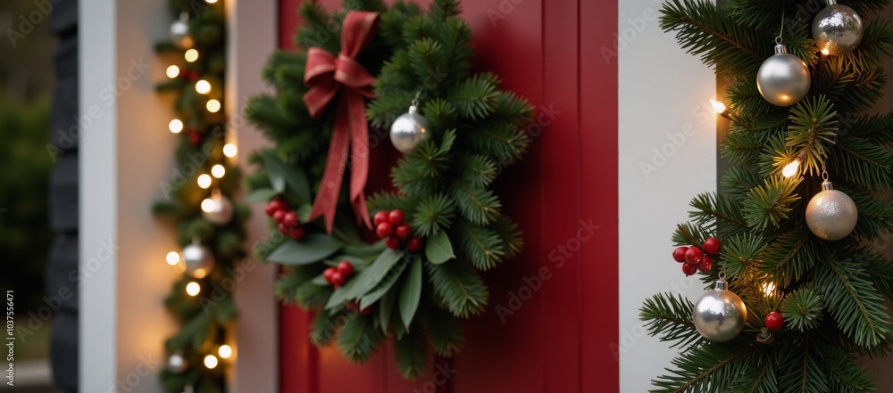 Christmas front-door garland adorned with festive lights Christmas front-door garland adorned with festive lights