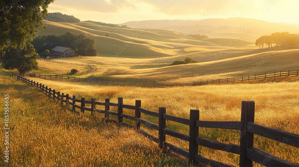 Fototapeta premium Golden Hour in the Countryside: A rustic wooden fence winds through rolling hills bathed in the golden glow of a setting sun, creating a serene and picturesque landscape. 