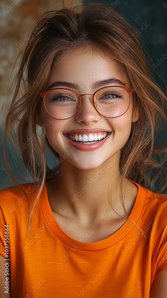 Young Woman Wearing Orange T-shirt Laughs Joyfully, Capturing Happiness and Positive Energy, Perfect for Lifestyle and Happiness Concepts Young Woman Wearing Orange T-shirt Laughs Joyfully, Capturing Happiness and Positive Energy, Perfect for Lifestyle and Happiness Concepts