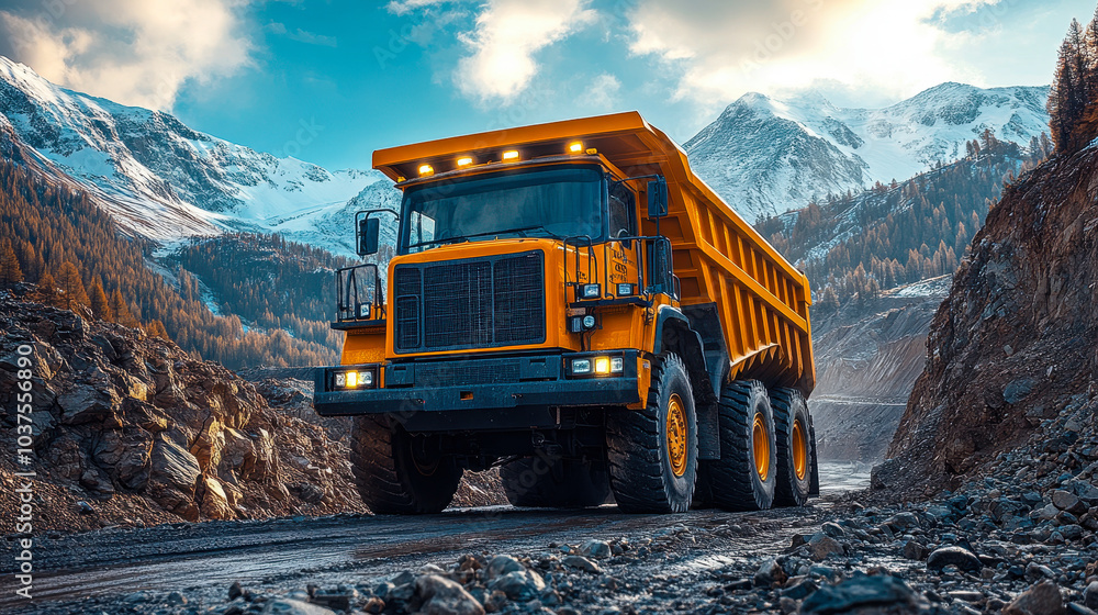 Massive Yellow Dump Truck Transporting Minerals in Mountainous Mine Setting, Showcasing Heavy Industry and Scale of Operations Massive Yellow Dump Truck Transporting Minerals in Mountainous Mine Setting, Showcasing Heavy Industry and Scale of Operations