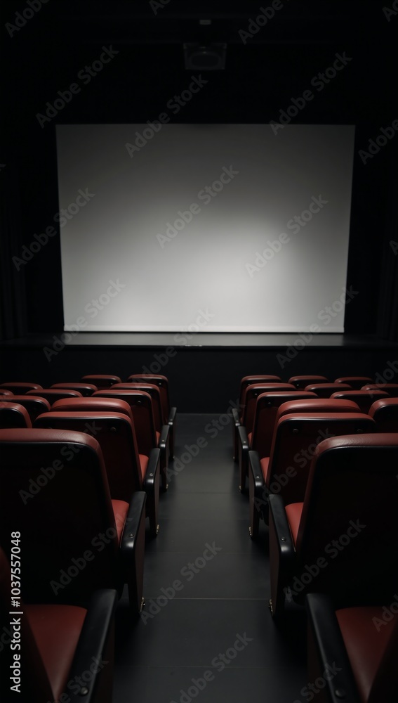 Fototapeta premium A staged venue featuring rows of empty seats and a large blank screen