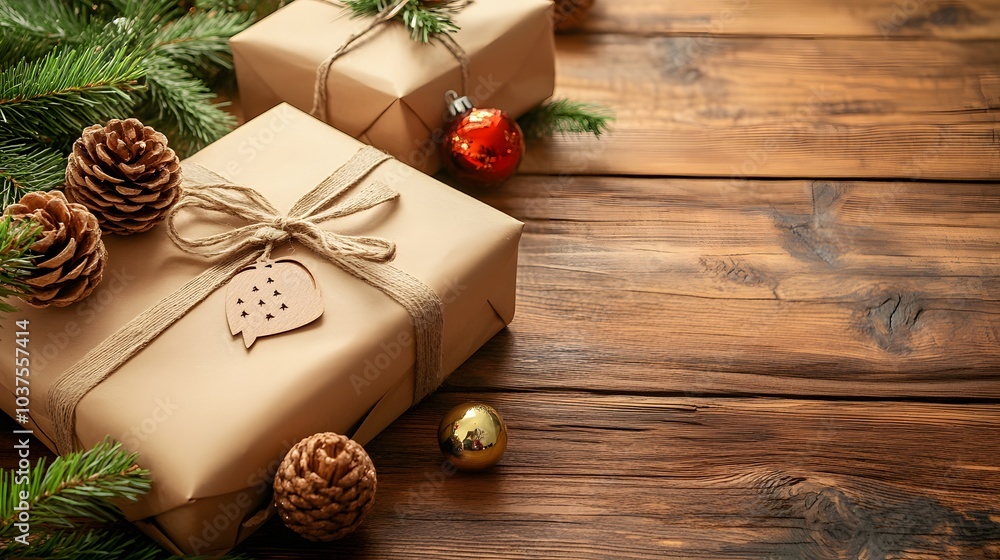 Wrapped Christmas Presents with Pine Branches and Ornaments on Wooden Table Wrapped Christmas Presents with Pine Branches and Ornaments on Wooden Table
