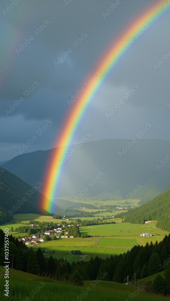 A vibrant rainbow spans a verdant post-rainstorm valley A vibrant rainbow spans a verdant post-rainstorm valley