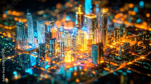 Miniature cityscape with vibrant neon lights at night.