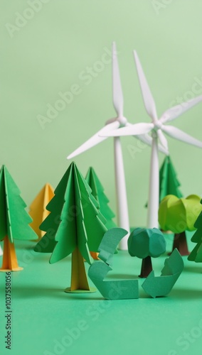 Whimsical eco-themed diorama showcasing miniature trees windmills  recycling symbols on a textured paper background photo