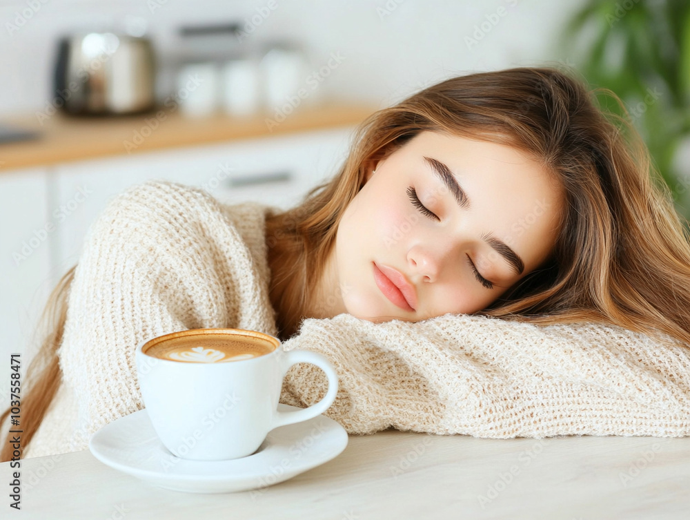 Tired woman sleeping on the table in the kitchen at breakfast. Trying to drink morning coffee
Tired woman sleeping on the table in the kitchen at breakfast. Trying to drink morning coffee