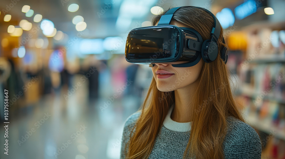 Woman Shopping with Virtual Reality Headset in Modern Market, Technology Innovation in Online Shopping Experience, Smart Living Room Setup for Digital Commerce Woman Shopping with Virtual Reality Headset in Modern Market, Technology Innovation in Online Shopping Experience, Smart Living Room Setup for Digital Commerce