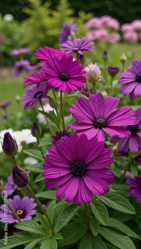 Purple-themed flower bed featuring diverse perennials in a garden or park setting