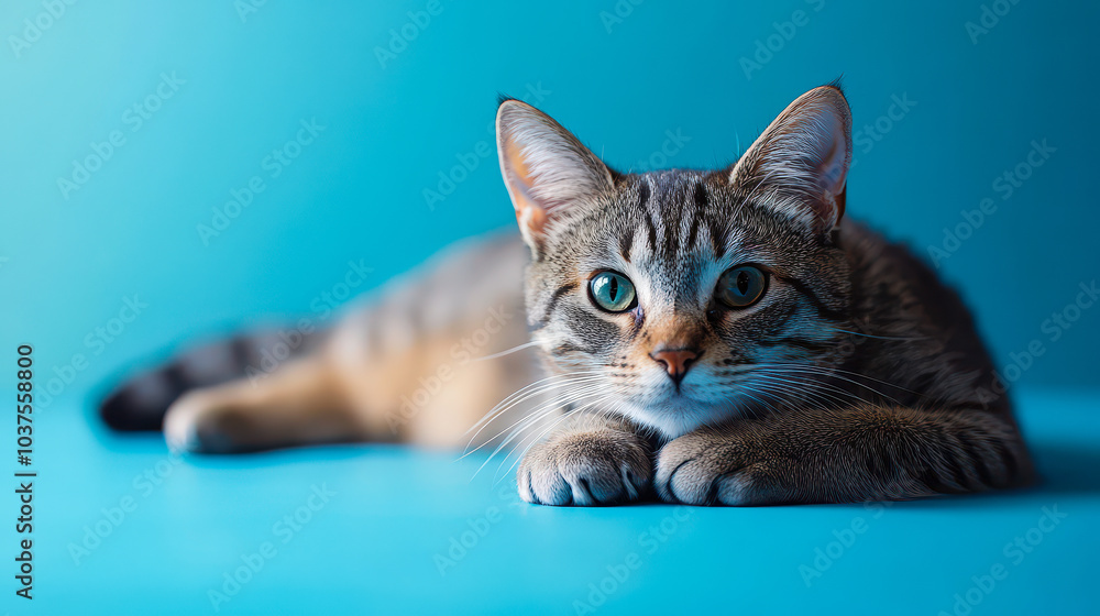 Gray Tabby Cat Relaxing on Blue Background, Close-up of Feline Staring at Camera, Domestic Pet Photography for Animal Lovers and Cat Enthusiasts, Peaceful Mood, Home and Pet Decor Inspiration Gray Tabby Cat Relaxing on Blue Background, Close-up of Feline Staring at Camera, Domestic Pet Photography for Animal Lovers and Cat Enthusiasts, Peaceful Mood, Home and Pet Decor Inspiration