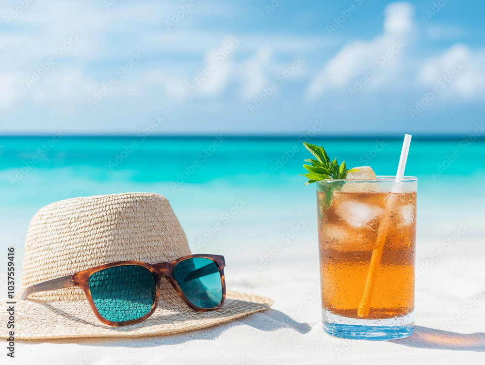 Straw hat with a exotic cocktail and sunglasses on sand beach
Straw hat with a exotic cocktail and sunglasses on sand beach