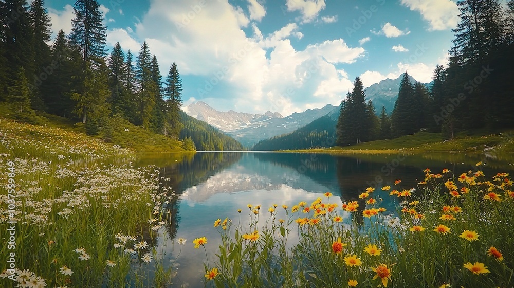 Mountain Lake Serenity: A picturesque scene of a tranquil lake nestled amidst towering mountains, reflecting the azure sky and fluffy clouds. Wildflowers bloom along the shore. Mountain Lake Serenity: A picturesque scene of a tranquil lake nestled amidst towering mountains, reflecting the azure sky and fluffy clouds. Wildflowers bloom along the shore.