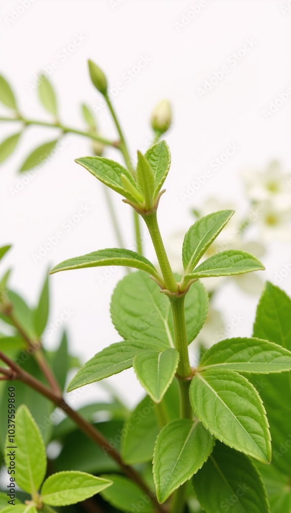 Fototapeta premium Detailed close-up of diverse greenery and blooming flowers in a seasonal landscape setting on a white backdrop