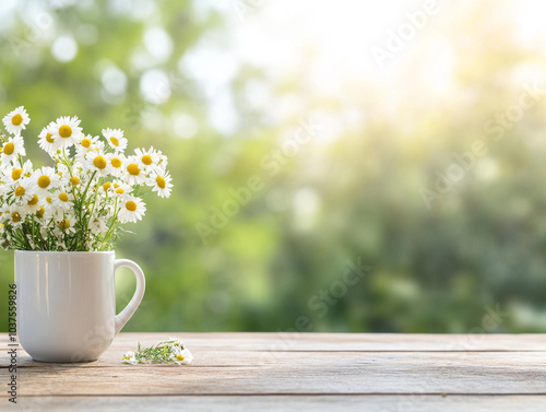  Spring - Chamomile Flowers In Teacup On Wooden Table In Garden