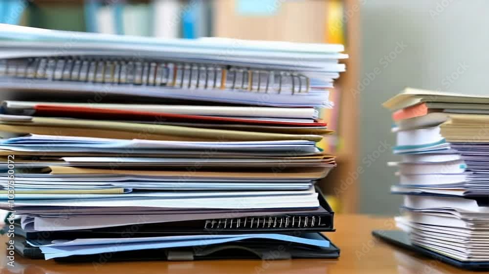 Organized Stacks of Documents and Papers on Wooden Desk Enhancing Productivity and Order in Your Office Workspace with Effective File Management and Folders. Organized Stacks of Documents and Papers on Wooden Desk Enhancing Productivity and Order in Your Office Workspace with Effective File Management and Folders.