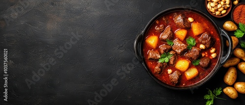 Delicious beef stew with vegetables in a black pot on a dark background, perfect for warming meals. photo