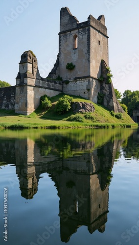 A digital illustration showcases an ancient citadel beside reflective water