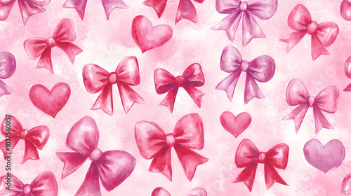 Charming Pink Watercolor Pattern with Bows and Hearts for Valentine's Day Fabric Printing