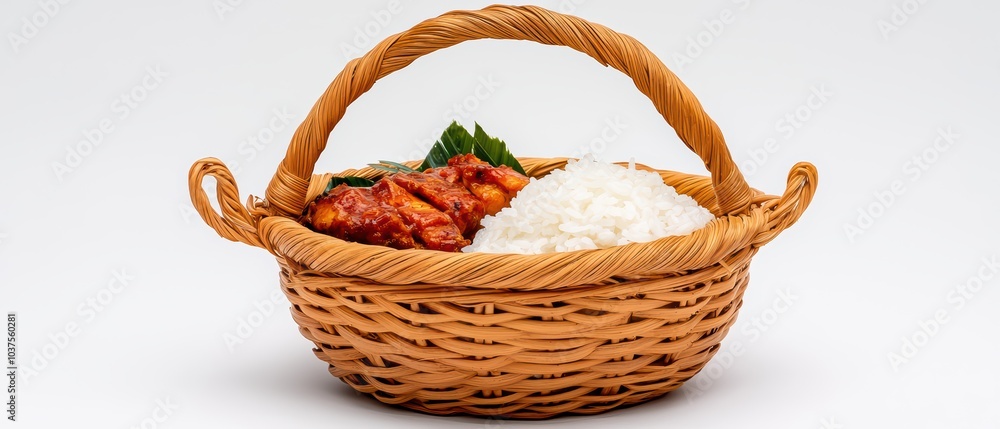 Delicious meal in a woven basket featuring rice and chicken, perfect for lunch or dinner. Delicious meal in a woven basket featuring rice and chicken, perfect for lunch or dinner.