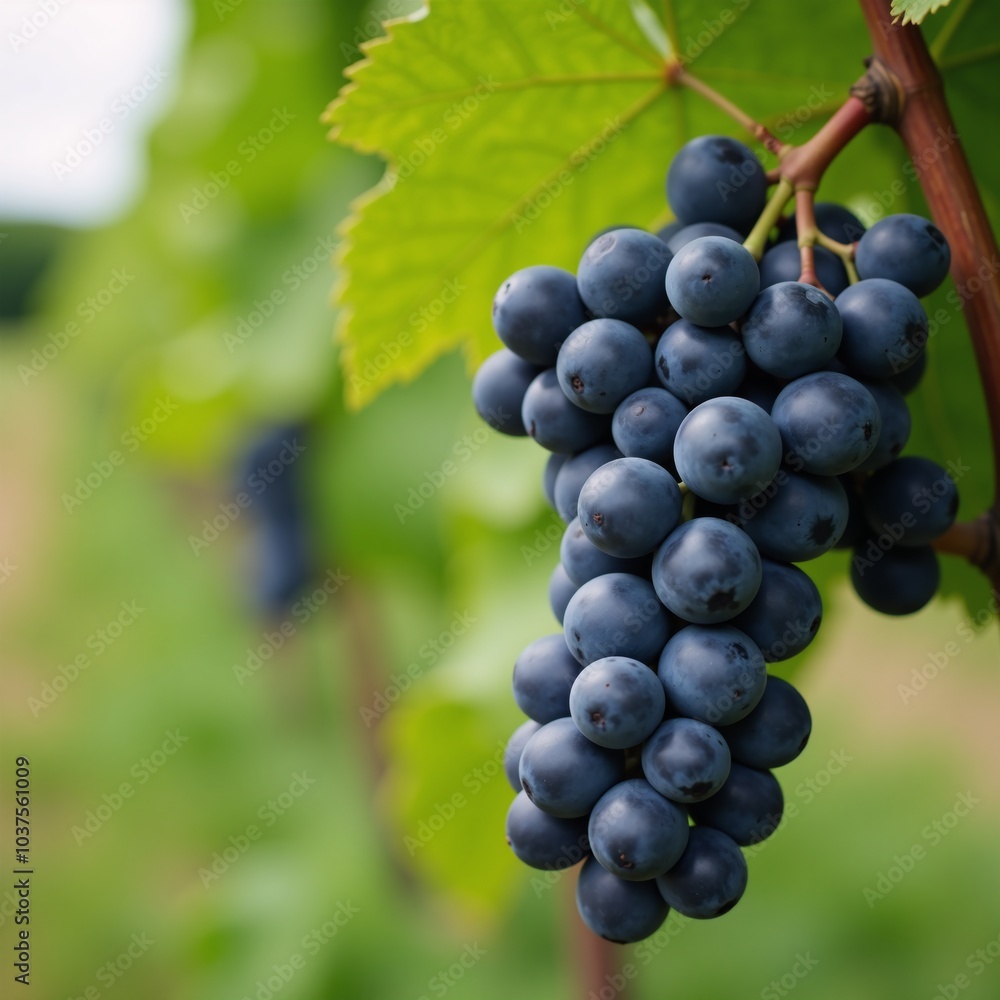 Close-up image of ripe Cabernet Franc grape clusters on a vine in horizontal format with blurred leafy backdrop and room for text placement Close-up image of ripe Cabernet Franc grape clusters on a vine in horizontal format with blurred leafy backdrop and room for text placement