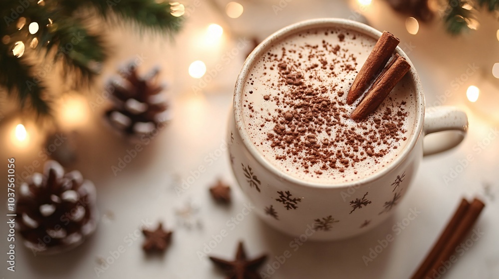 A mug of hot cocoa topped with cinnamon sticks and cocoa powder A mug of hot cocoa topped with cinnamon sticks and cocoa powder