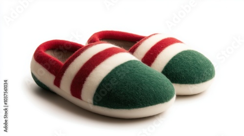 Cozy christmas slippers with red, green, and white stripes for holiday comfort photo