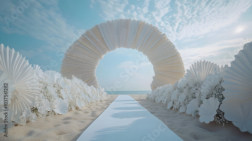 An Elegant and Minimalist Beach Wedding with Seashells and Fan-Shaped Decorations for a Stunning Ceremony photo