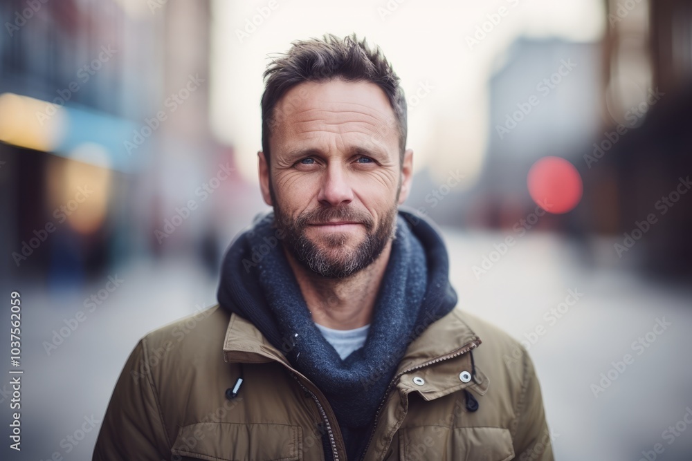 Portrait of middle-aged man with beard in the city. Portrait of middle-aged man with beard in the city.