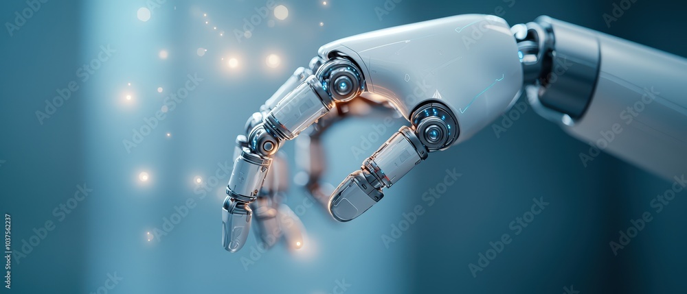 Futuristic robotic hand with glowing details, isolated on a sleek blue background. Futuristic robotic hand with glowing details, isolated on a sleek blue background.