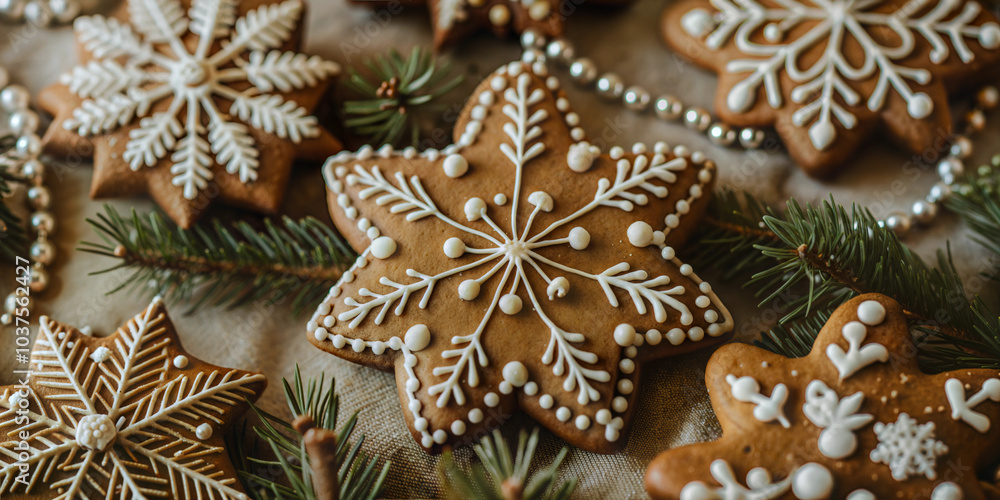 Decorative gingerbread cookies shaped like snowflakes with pine branches Decorative gingerbread cookies shaped like snowflakes with pine branches