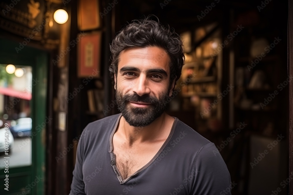 Portrait of a handsome bearded man standing in a pub, looking at the camera. Portrait of a handsome bearded man standing in a pub, looking at the camera.