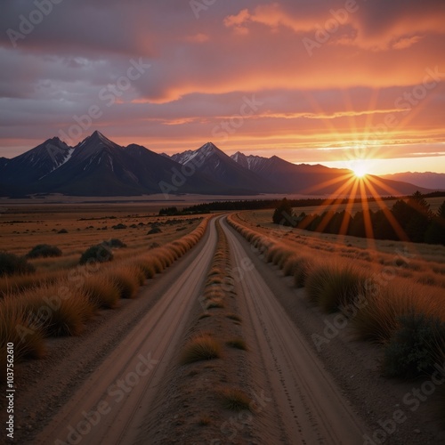 A dirt road leads through a field at golden hour toward the sunset over mountains TravelNature theme photo