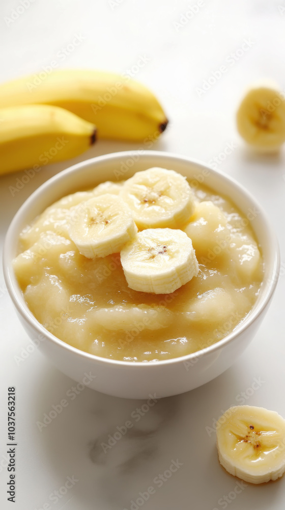 Freshly pureed banana in white baby bowl for healthy infant meals Freshly pureed banana in white baby bowl for healthy infant meals