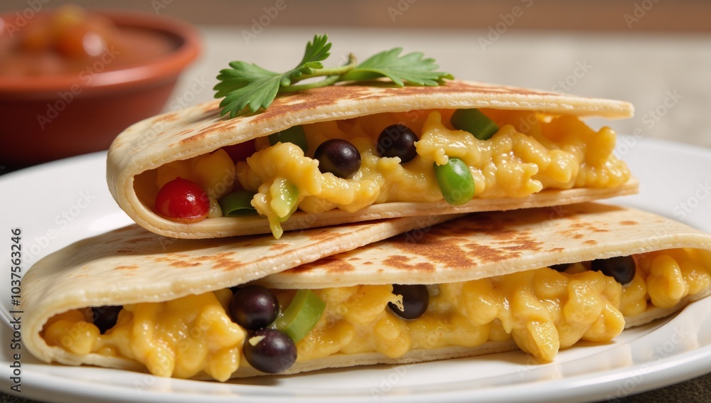 Scrambled egg black bean breakfast quesadilla with sauted bell peppers and melted pepper jack cheese Scrambled egg black bean breakfast quesadilla with sauted bell peppers and melted pepper jack cheese
