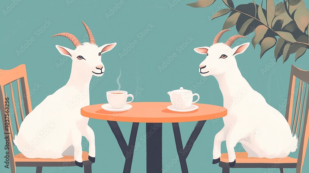two cute white goat in the cafe. cartoon style