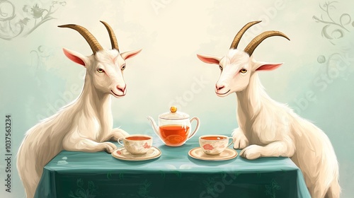 Obraz na płótnie two cute white goat in the cafe. cartoon style w salonie