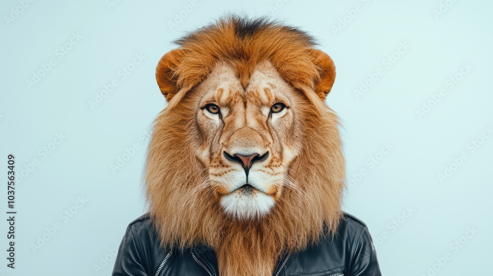 Fototapeta premium Lion with a stylish leather jacket against a plain background.