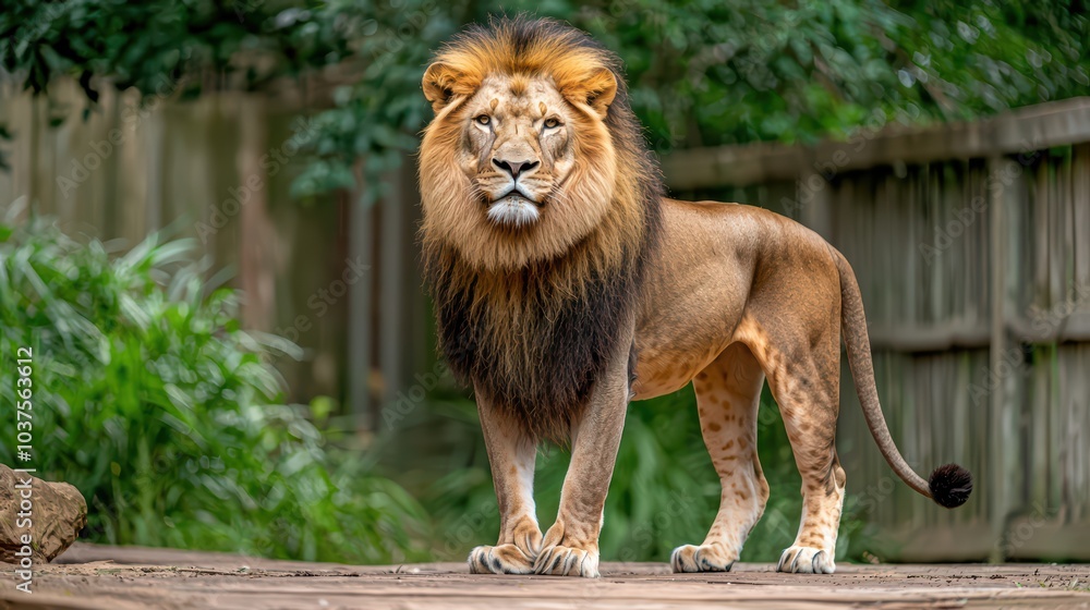 Fototapeta premium Majestic lion standing proudly in its natural habitat with vibrant greenery in the background.