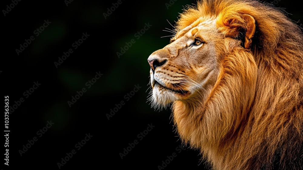 Fototapeta premium Majestic lion profile showcasing its vibrant mane and fierce expression against a dark background.