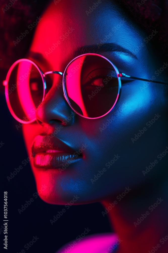 A woman with a pair of sunglasses on her face. The sunglasses are red and the woman's face is illuminated by a blue light. The image has a vibrant and energetic feel to it A woman with a pair of sunglasses on her face. The sunglasses are red and the woman's face is illuminated by a blue light. The image has a vibrant and energetic feel to it