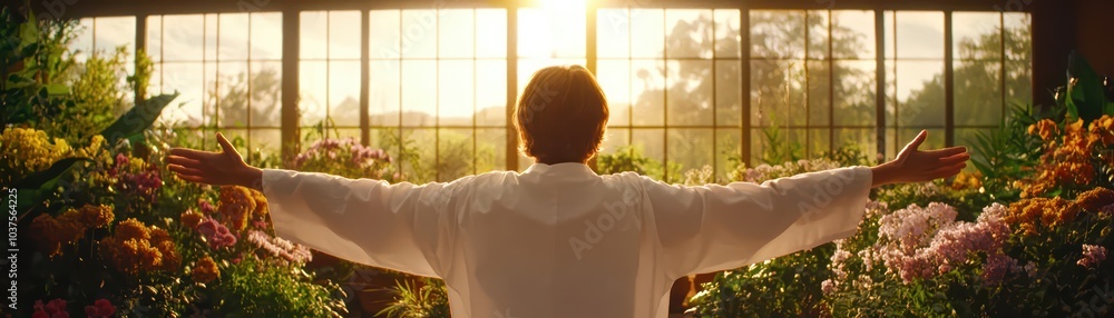 Person embracing nature in a sunlit garden filled with flowers, symbolizing peace and connection. Person embracing nature in a sunlit garden filled with flowers, symbolizing peace and connection.