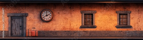 Rustic wall with windows, clock, and luggage, captured in warm tones and shadows.