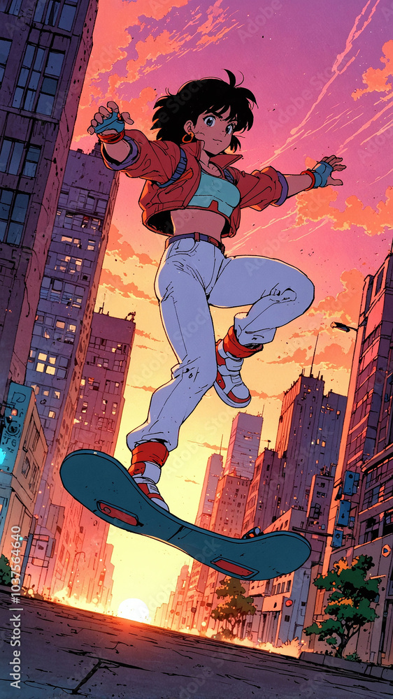 Anime character riding futuristic hoverboard through glowing cityscape at sunset Anime character riding futuristic hoverboard through glowing cityscape at sunset