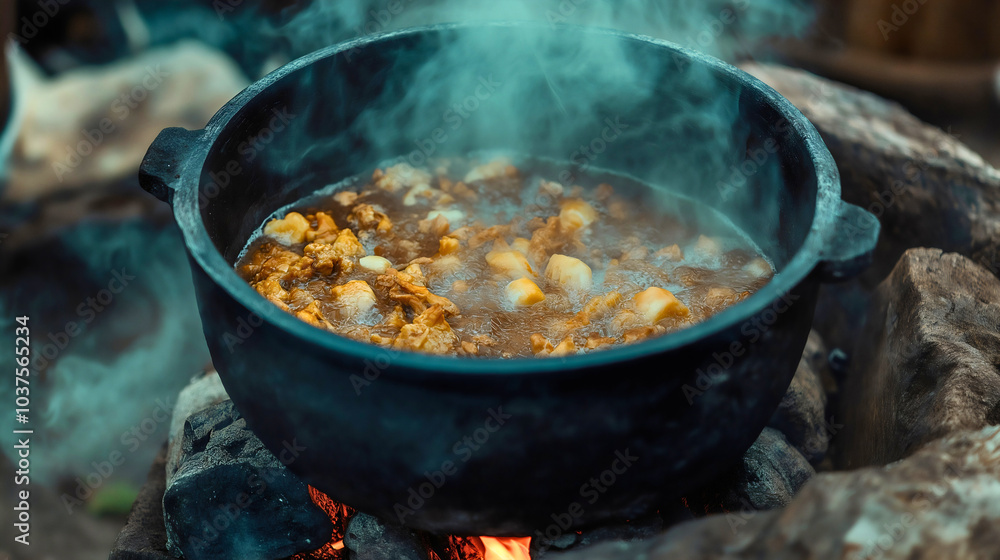 Cauldron for cooking over hot campfire, pot boiling with rising smoke, outdoor nature scene in forest, black iron vessel prepares holiday meal, traditional soup simmers in rustic setting Cauldron for cooking over hot campfire, pot boiling with rising smoke, outdoor nature scene in forest, black iron vessel prepares holiday meal, traditional soup simmers in rustic setting